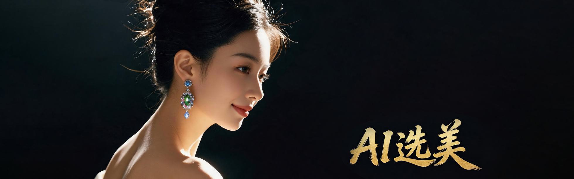 AI选美主题超宽屏艺术画，展现未来主义美学与数字人物，具有强烈的视觉冲击力和科技感